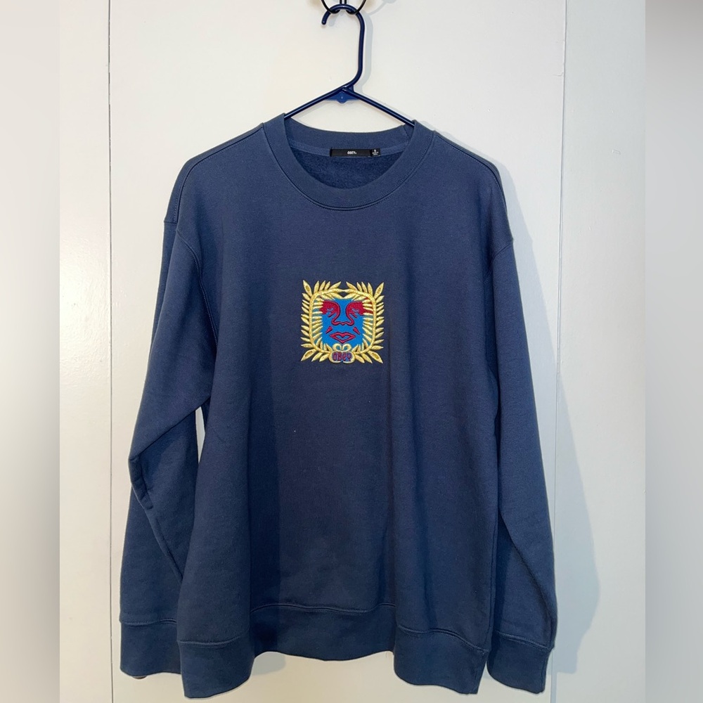 Obey Men’s Crewneck Navy Blue Sweatshirt Embroidered Print Small